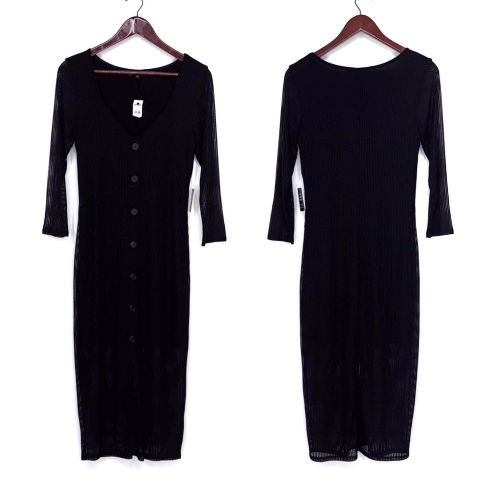 Express Black Ribbed V-Neck Button Front Dress W/ Semi Sheer Sleeves Size Medium